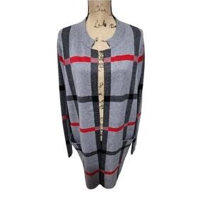 TAHARI plaid windowpane‎ red, Black, & Grey long coatigan heavy cardigan sweater